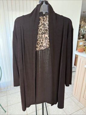 Brown Front Cardigan with Leopard Trim